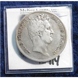 1831W France Five Francs. .900 fine Silver. KM735.13. VF. KM value $55.00.