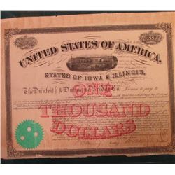 $1000 Bond with ten coupons attached "United States of America States of Iowa & Illinois The Dunleit