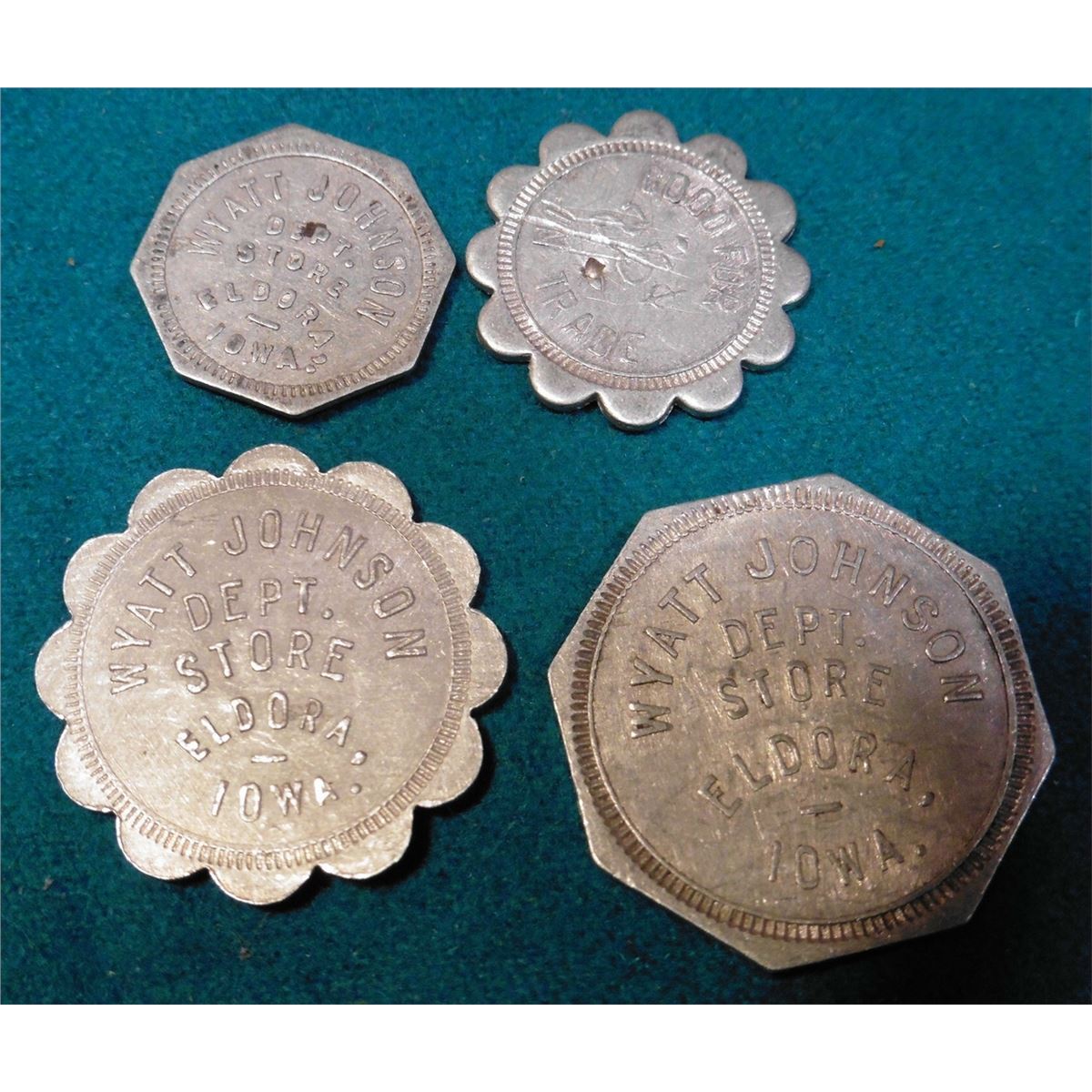 “Wyatt Johnson/Dept./Store/Eldora,/Iowa.” 4 pcs. Set of Good For Tokens