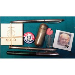 “McManus for Governor” Campaign Pin (Iowa); group of “This Coin Sold” Coin Cards; (3) Old Pens or Me