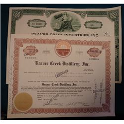 (2) Stock Certificates from “Beaver Creek Industries, Inc.” 1967-68 era. One is Ink canceled and the