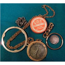 C & E Marshall Watch Part tin top; Chain link ring; Key-chain; well-worn old Barber Dime; Pendant; &