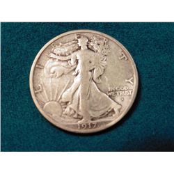 1917 Obverse S Walking Liberty Half Dollar. VG. Red Book value $50.00.