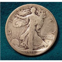 1916 Obverse S Walking Liberty Half Dollar. Good. Red Book value $100.00.