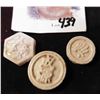 Image 1 : Three different Siamese Porcelain Gambling Tokens. All with high relief figures on one side and blue