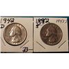 Image 1 : 1942 D & 43 S Washington Quarters. AU-BU. Red Book value $20-40.00.