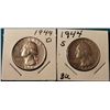 Image 1 : 1944 D & S Washington Quarters. AU-BU. Red Book value $20-40.00.