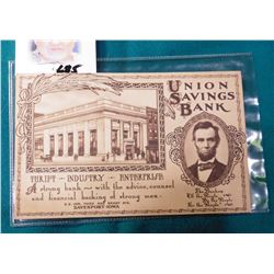 “The Union Savings Bank, Davenport, Iowa” Post Card depicting Abraham Lincoln.