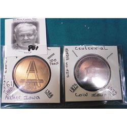 1888-1988 Archer, Iowa Centennial & 1879-1979 Coin, Iowa Centennial Medals.