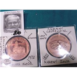 1972 Terrace Hill Governor's Mansion Proof Bronze  & 1875-1975 Ankeny, Iowa Centennial Medals.