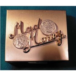 “Mad Money” Small Coin-holder Jewelry Box with raised gold-lettering and coin design in case.