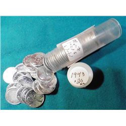 Roll of (50) 1943 P Reprocessed World War II Zinc-coated Steel Cents in a plastic tube.