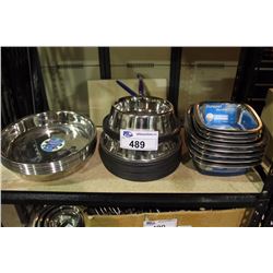 SHELF OF STAINLESS STEEL PET BOWLS