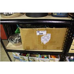 SHELF OF STAINLESS STEEL PET BOWLS WITH STANDS