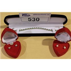 STERLING SILVER EMERALD BRACELET (10.47G)   APPRAISED $967, STERLING SILVER DIAMOND EARRINGS