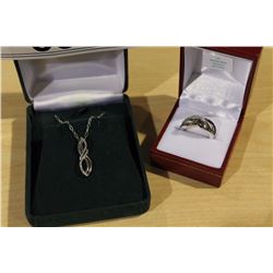 STERLING SILVER DIAMOND PENDANT (1.80G) APPRAISED $861, STERLING SILVER DIAMOND (0.34CT) RING