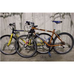 2 BIKES: ORANGE KONA 21 SPEED FRONT SUSPENSION MOUNTAIN BIKE & YELLOW PEUGEOT 21 SPEED MOUNTAIN BIKE