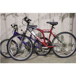 2 BIKES: RED DUNLOP 21 SPEED FRONT SUSPENSION MOUNTAIN BIKE & PURPLE NO NAME 15 SPEED MOUNTAIN BIKE