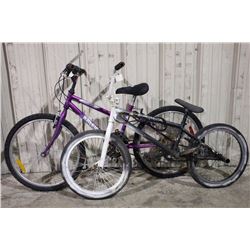 2 BIKES: BLACK NO NAME SINGLE SPEED STUNT BIKE & PURPLE RALEIGH 15 SPEED MOUNTAIN BIKE