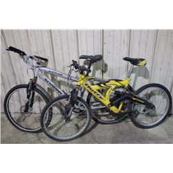 2 BIKES: YELLOW HUFFY 21 SPEED FULL SUSPENSION MOUNTAIN BIKE & GREY SCHWINN 21 SPEED FRONT