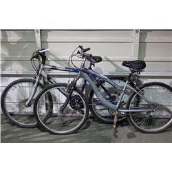 2 BIKES: BLUE SUPERCYCLE MOUNTAIN BIKE & GREY HUFFY FRONT SUSPENSION MOUNTAIN BIKE