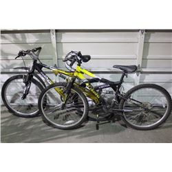 2 BIKES: YELLOW KENT FULL SUSPENSION MOUNTAIN BIKE & BLACK COLUMBIA FULL SUSPENSION MOUNTAIN BIKE