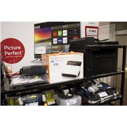 SHELF OF NEAT DESK PRINTER, HP PRINTER & DVD PLAYER