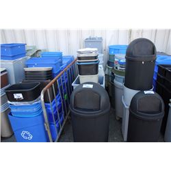 LARGE LOT OF RECYCLE BINS AND GARBAGE CANS