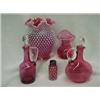 Image 1 : Five pieces of cranberry glass including opalescent dot shaker with plated lid, early 20th C., 4"...