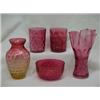 Image 1 : Five pieces of cranberry glass including amberina vase with thumbprint pattern 6" high; two thumb...