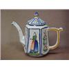 Image 1 : Quimper teapot with lid, paneled decoration, panel of woman on one side of teapot, and panel of m...