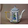 Image 2 : Quimper teapot with lid, paneled decoration, panel of woman on one side of teapot, and panel of m...