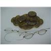 Image 1 : One lot including desk tray with inkwell and stamp box, and two pair of spectacles, brass tray wi...