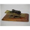 Image 4 : Bronze and wood desk paper clip, figure of charging bull on hinged clip, mounted on wooden base,...
