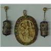 Image 1 : Silver and enameled filigree earrings and pendant with ivory-type carved cameo, pendant measures...