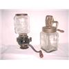 Image 1 : A square pressed glass churn and a wall mount grinder, glass churn with tin screw top with expose...