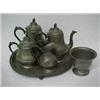Image 1 : Pewter five piece tea service on round pewter tray, coffee pot and teapot with hinged lids, sugar...