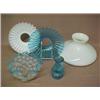 Image 1 : One lot of glass shades including milk glass shade; blue glass ruffled shade; milk glass ruffled...