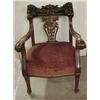 Image 1 : Walnut Victorian king's chair, carved lion heads on crest and pierced splat, front paw feet, upho...