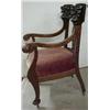 Image 2 : Walnut Victorian king's chair, carved lion heads on crest and pierced splat, front paw feet, upho...