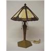 Image 1 : Miller spelter lamp with slag glass shade, eight paneled slag glass shade with schefflera leaf de...