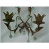 Image 2 : French brass double candle sconce, leaf shaped decoration hung with pale blue teardrop prisms, ea...