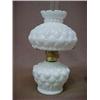 Image 2 : Two miniature oil lamps including Victorian milk glass lamp with gold trim; and a diamond quilted...