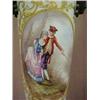 Image 3 : Bronze and enameled porcelain lamp, bronze mask mountings on each side of hand painted figural ca...
