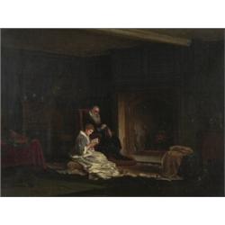 john watkins chapman,WOMAN READING TO A SEATED GENTLEMAN IN A PANELLED INTERIOR....