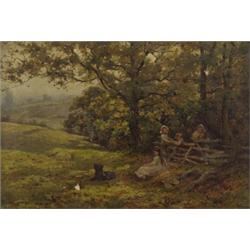 harold joseph swanwick,CHILDREN WITH THEIR DOG NEAR FOREST FENCE....