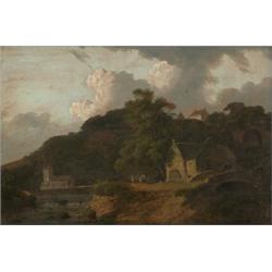 attributed to julius caesar ibbetson,WATERMILL AND CHURCH IN RIVER VALLEY....