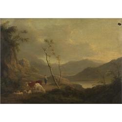 late 18th/early 19th century british school,SHEPHERDESS AND LIVESTOCK NEAR HILLSIDE....