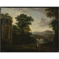 follower of andrea locatelli,FIGURES WITH LIVESTOCK NEAR RUINS IN A RIVER LANDSCAPE....