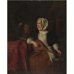 after gabriel matsu,LADY TUNING A LUTE WHILE BOY TEASES DOG....